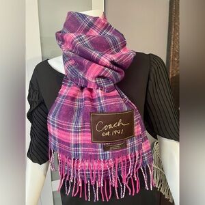 Coach Pink and Purple Plaid Wool Scarf